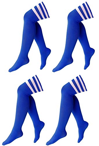 krautwear® Damen Mädchen Kinder 4 Paar Cheerleader Kniestrümpfe 3 Streifen Gestreifte Overknees Geringelte Streifen Strümpfe (Blau-Weiss-4x) von krautwear