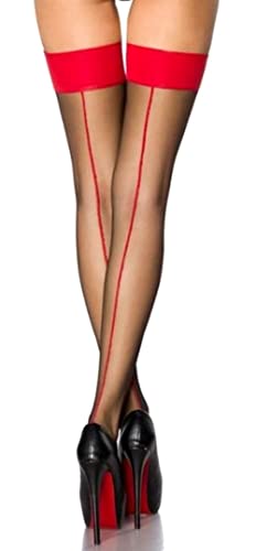 krautwear® Damen Naht Straps Strümpfe Schwarz Mit Roter Cuban Heel (schwarz-rot-9039) von krautwear