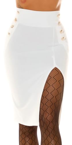 krautwear Damen Bleistiftrock Minirock High Waist Rock mit Schlitz und DekoKnöpfen für Party Club Alltag (Weiss, XL) von krautwear
