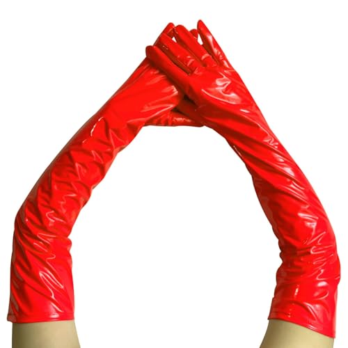 krautwear Damen Ellenbogenlange Glänzende Abendhandschuhe Handschuhe Lack und Leder Optik Pink Rot Schwarz (Rot) von krautwear