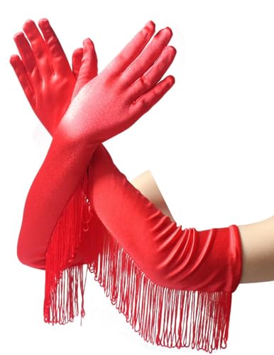 krautwear Damen Ellenbogenlange Satin Abendhandschuhe Handschuhe Mit Fransen (49 cm) (1 Paar rot, One Size) von krautwear