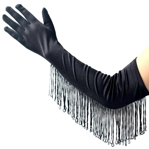 krautwear Damen Ellenbogenlange Satin Abendhandschuhe Handschuhe Mit Fransen (49 cm) (1 Paar schwarz, One Size) von krautwear