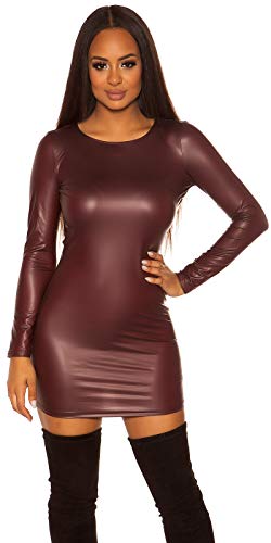 krautwear Damen Kleid Minikleid Langarm Kurzarm Kleid Wetlook Neckholder Lederoptik Rückenfrei Reißverschluss 34/36/38 (Bordeaux-Langarm) von krautwear