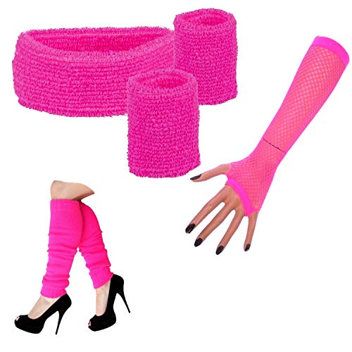 krautwear Damen Mädchen Schweißbänder Stirnband 2 Armbänder Beinstulpen Handschuhe 80er Jahre Set Neon Pink (Schweissbänder+Stulpen+Handschuhepink) von krautwear