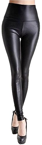 krautwear Damen Mädchen Stretch Glänzende Leggings Jeggings mit Hohem Bund Leder Look Schwarz (matt-L) von krautwear