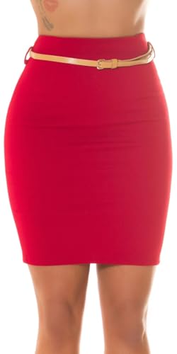krautwear Damen Rock Sexy Taillen Bleistift Minirock mit Zip und Gürtel Figurbetonter Schnitt Reißverschluss Geschschlitz (Rot, S) von krautwear