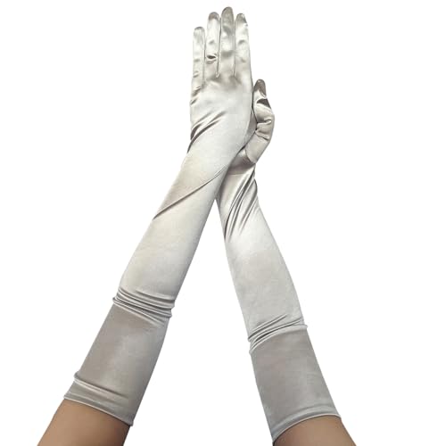 krautwear Damen Satin Handschuhe Abendhandschuhe (52 cm) in vielen Farben (1, Silber, One Size) von krautwear