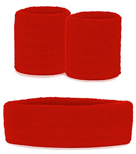 krautwear Damen Schweißbänder Set Stirnband 2 Armbänder 80er Jahre (Schweißbänder Set, rot) von krautwear