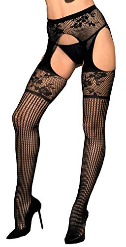 krautwear Damen Strumpfhose Strumpfgürtel Strapsstrumpfhose Ouvert im Sexy Strapse Look aus Spitze Schwarz (004) von krautwear