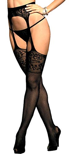 krautwear Damen Strumpfhose Strumpfgürtel Strapsstrumpfhose Ouvert im Sexy Strapse Look aus Spitze Schwarz (005) von krautwear