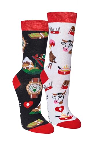 krautwear Herren Damen 2 Paar Lustige Bunte Gemusterte Fun Sneaker Socken Witzige Strümpfe Baumwolle (36-41, Schweiz) von krautwear