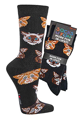 krautwear Herren Damen 2 Paar Lustige Bunte Gemusterte Fun Sneaker Socken Witzige Strümpfe Baumwolle (36-41, Miezekatze) von krautwear