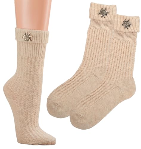 krautwear Herren Damen Kinder Trachtensocken Im Landhaus-Stil Mit Edelweiß-Pin Mit Leinen Beige (43-46) von krautwear