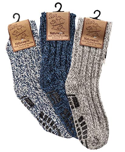 krautwear Kinder Jungen Mädchen Socken Warme Norwegersöckchen Wärmende Wintersocken Haussocken mit rutschhemmendem ABS Druck mit Wolle 3er Pack (bl-15-18) von krautwear