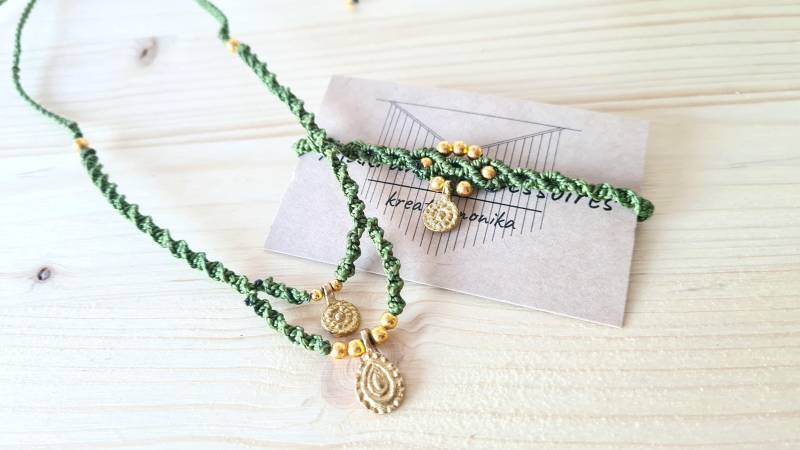 Makramee Boho Schmuck, Set Kette Und Armband Grün, Geschenk Für Freundin Oder Mutter, Schmuck Weihnachten Gold Makramee Boho Schmuck, Set Kette Und Armband Grün, Geschenk Für Freundin Oder Mutter, Schmuck Weihnachten Gold von kreativemonika