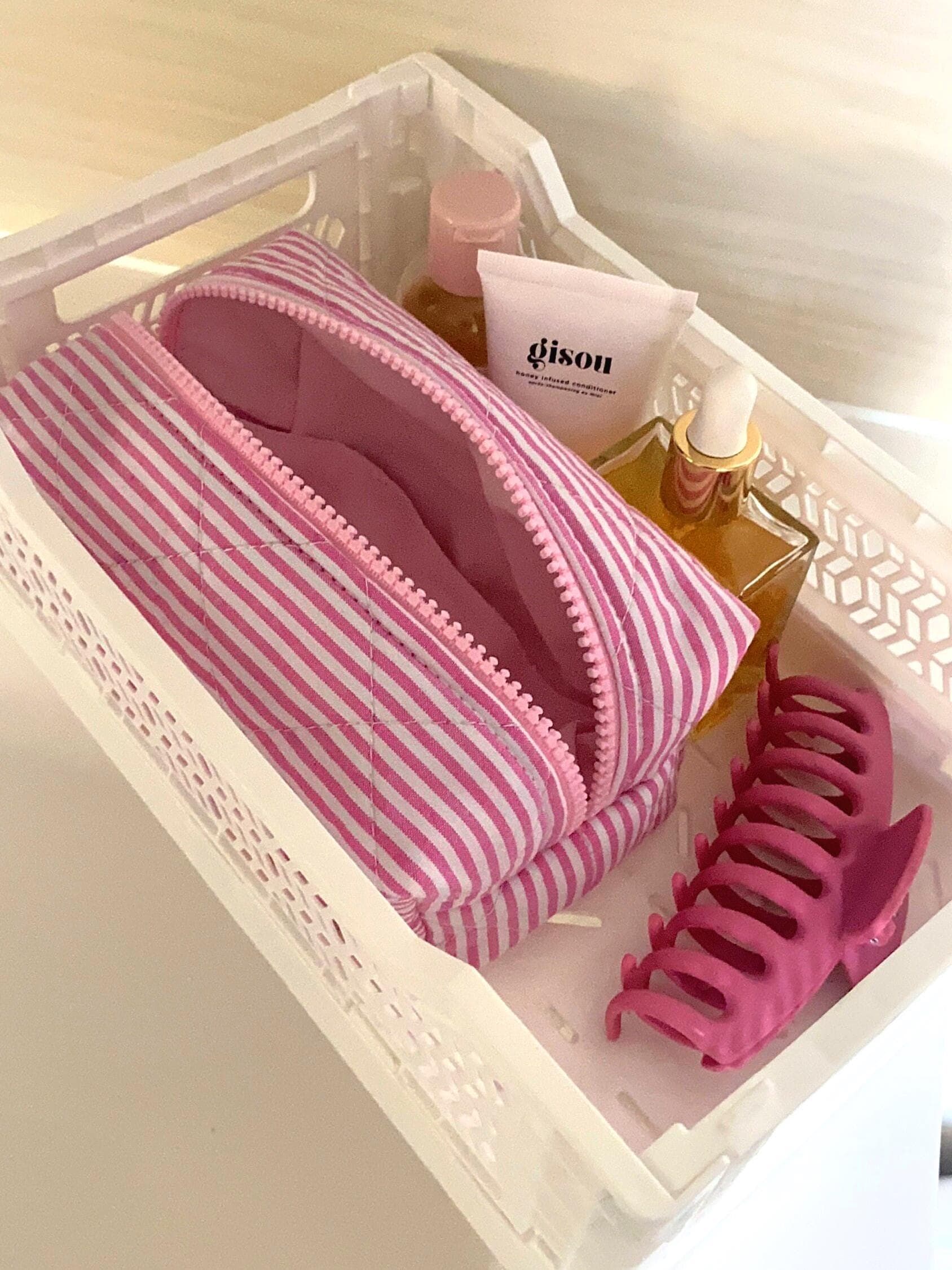 Rosa Schminktasche, Pouch, Rosa, Gestreift, Gesteppt, Ästhetisch, Geschenk Für Sie, Niedlich, Boxtasche, Reißverschlusstäschchen von kristysbags