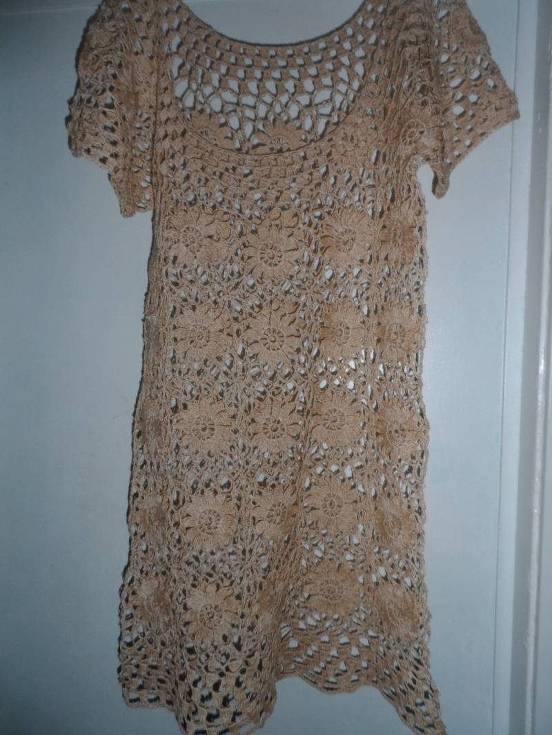 Häkelspitze Blumen Creme Natur Leinen Boho Hippie Gipsy Strand Tunika Kleid Shirt Top Bluse Versandfertig von krittenart