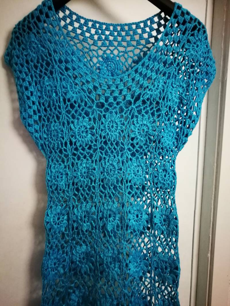 Handgemachte Häkelspitze Türkis Blau Baumwolle Blumen Motive Maxi Lang Boho Hippie Strand Mädchen Kleid Bereit Zum Versand von krittenart