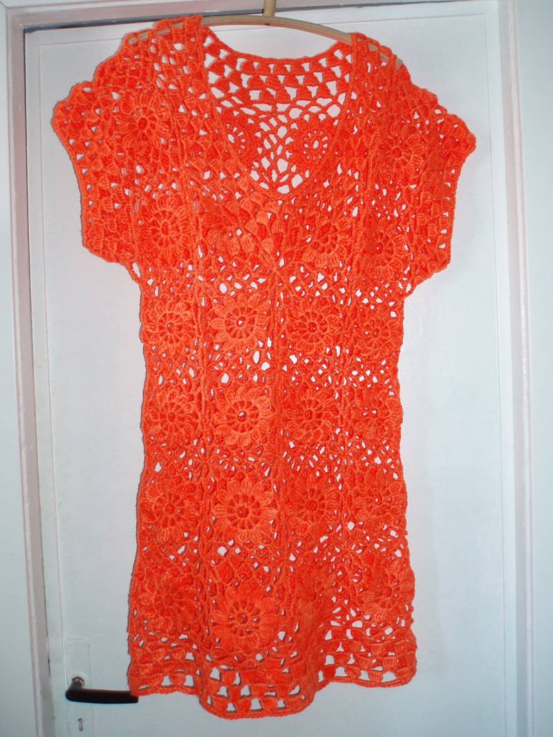 Sale Gehäkelte Spitze Blumen Sonnen Orange Mandarine Kleid Tunika Frühling Sommermode Versandfertig von krittenart
