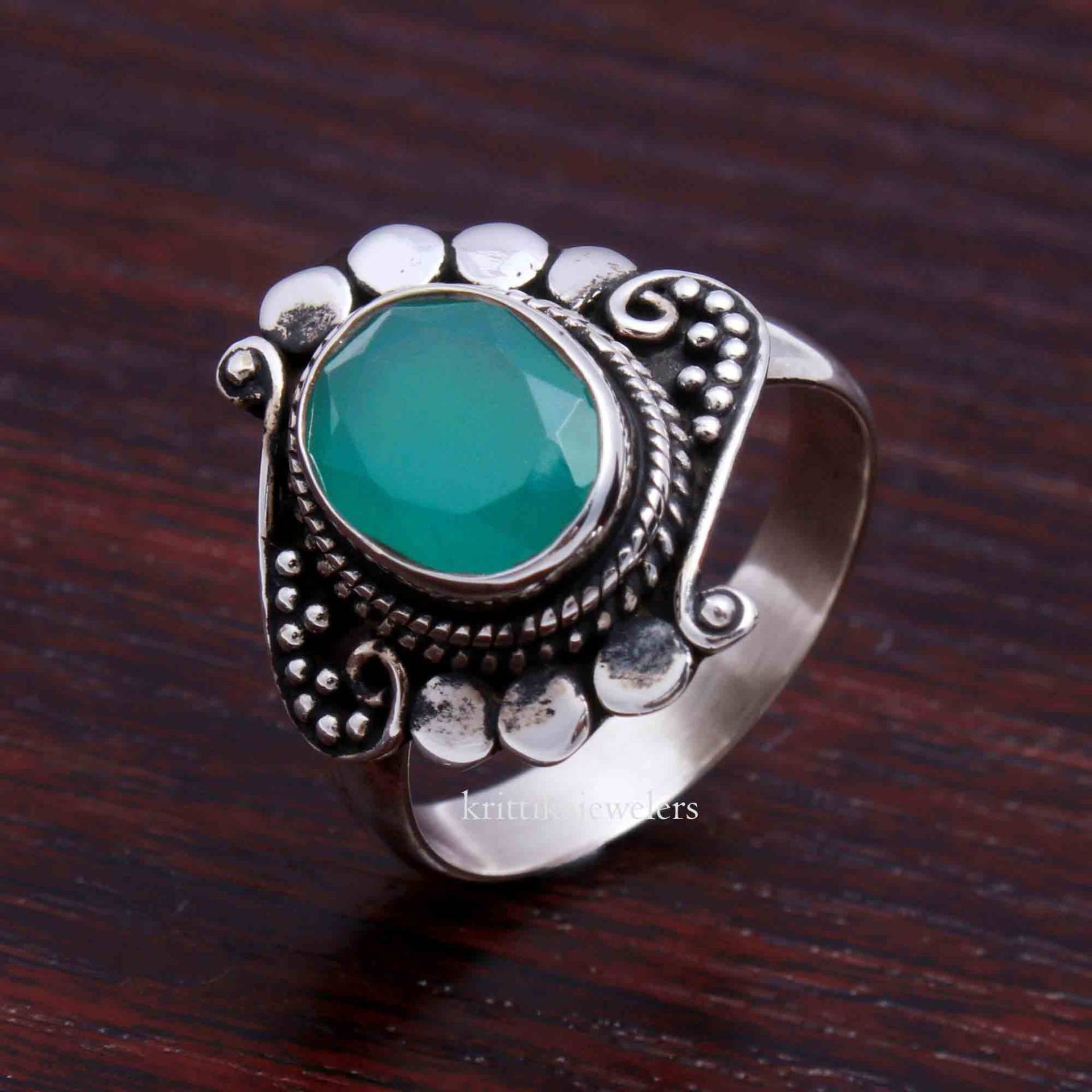 Grüner Onyx Ring, 925 Sterling Silber Oval Edelstein, Statement Natürlicher Handgemachter Frauen Geschenk Für Sie von krittikajewelers