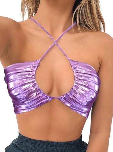 krtwrnt Damen Cami Crop Tube Top mit quadratischem Halsausschnitt und Schnallenriemen, #Cross-Metallic Purple-2, Mittel von krtwrnt