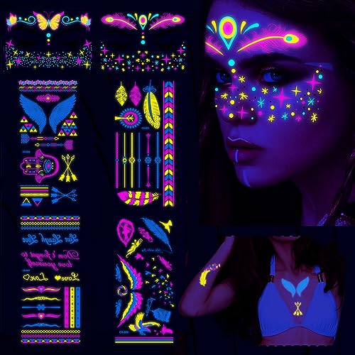 kryfal Klebetattoos temporäre Neon Tattoos,Neon Schwarzlicht UV Body and Face Painting Tätowierung Aufklebe für Frauen männer für Neon Party,Halloween 6 Blätter von kryfal