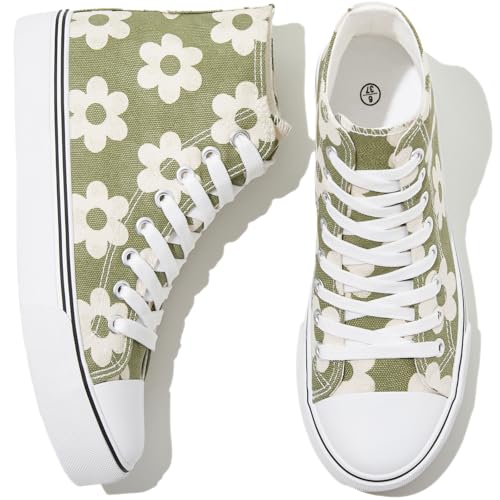 kufeiti Damen High Top Canvas Sneakers Canvas Schuhe Schnürschuhe Weiß Schwarz Sneakers Casual Walking Schuhe, Oliv/Blatt für mich (Leaf It to Me), 37 EU von kufeiti