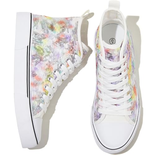 kufeiti Damen High Top Canvas Sneakers Canvas Schuhe Schnürschuhe Weiß Schwarz Sneakers Casual Walking Schuhe, Regenbogen, 39.5 EU von kufeiti