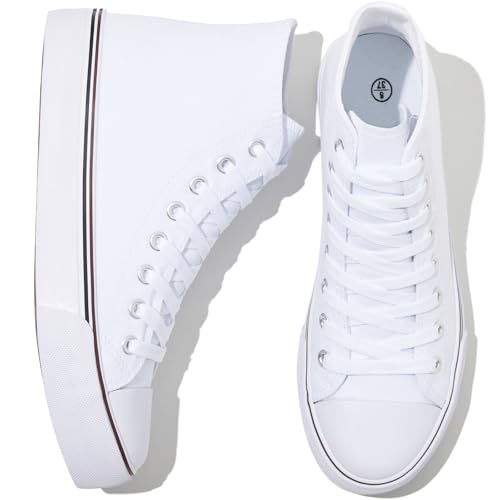 kufeiti Damen High Top Canvas Sneakers Canvas Schuhe Schnürschuhe Weiß Schwarz Sneakers Casual Walking Schuhe, schlichtes Weiß, 39 EU von kufeiti