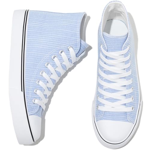 kufeiti Damen-Tennisschuhe aus Segeltuch, hohe Spitze, modische Hightop-Tennisschuhe, Schnürschuhe, Freizeitschuhe, Blauer Streifen, 38.5 EU von kufeiti