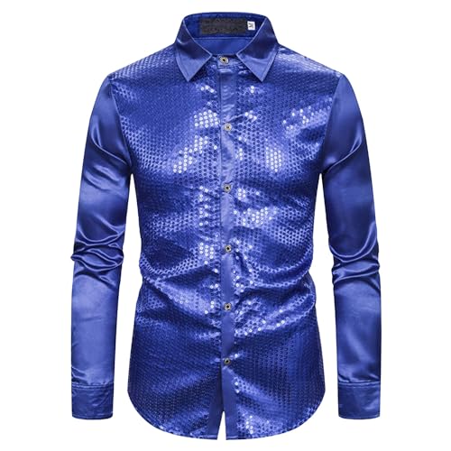 Herren 70er Jahre Disco Shirts - Glänzendes Paillettenhemd Metallic Sparkle Langarmhemd Glitzer Hemd Satin Button Down Hemden Slim Fit Kleid Shirts für Club Rock Hip Hop Disco Party Cosplay, blau, L von kuiazelit