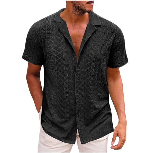 kuiazelit Herren Baumwoll-Leinenhemd Sommer Kurzarm Strandhemd Button Down Shirts Urlaub Hemd Regular Fit Herrenhemd Leicht Sommerhemd Kubanischer Kragen Freizeithemd Herren Hawaiihemd, Schwarz , L von kuiazelit