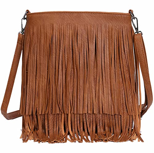 kukubird Crossbody Bags for Women, Tassel Fringe Zipper Closure Faux Leather Medium Shoulder Bag for Women,Multiple Compartments Messenger Bag Women-Brown von kukubird