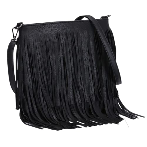 kukubird Crossbody-Handtaschen für Damen, Fransen mit Quaste und Reißverschluss, mittelgroße Umhängetasche aus Kunstleder Damentasche mit mehreren Fächern - Schwarz von kukubird