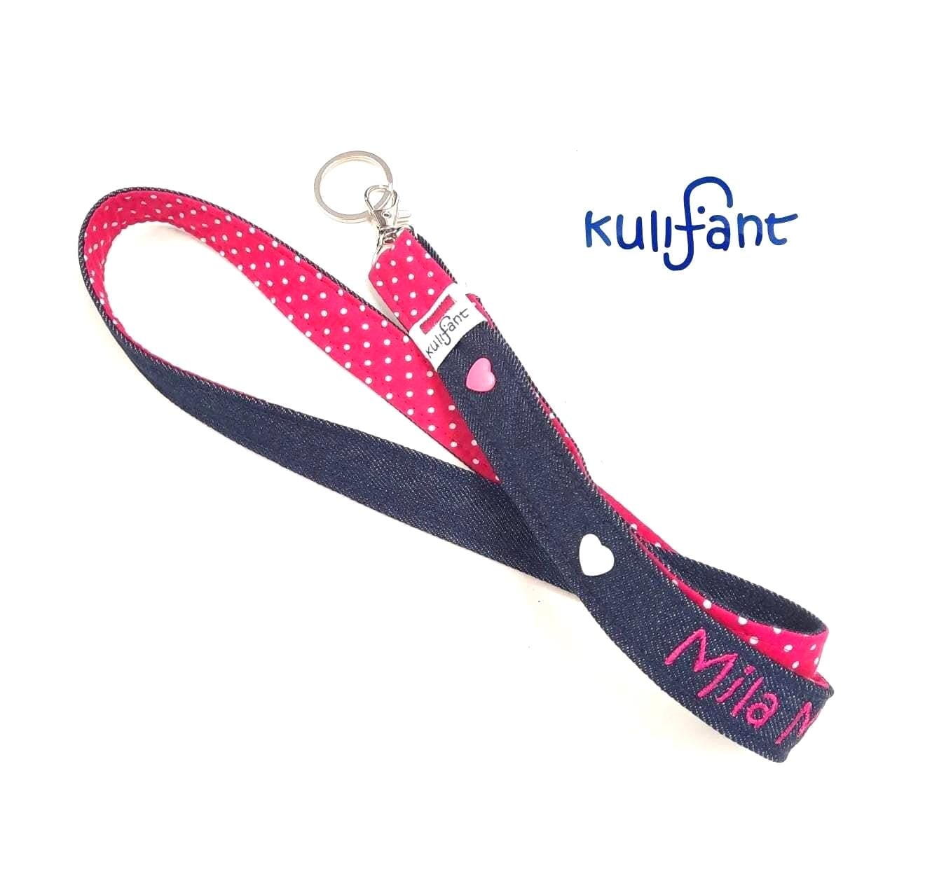 Cooles Denim Schlüsselband Mit Name Namen/Punkte Personalisiert Wunschlänge/ Unterschiedliche Verschlußmöglichkeiten/Kindersicher Jeans von kulifant