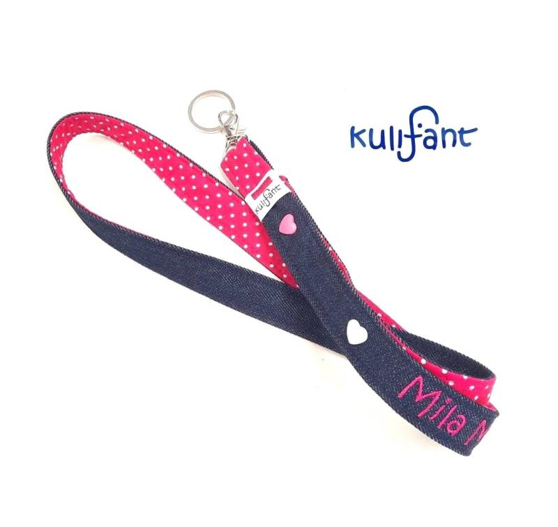 Cooles Denim Schlüsselband Mit Name Namen/Punkte Personalisiert Wunschlänge/ Unterschiedliche Verschlußmöglichkeiten/Kindersicher Jeans von kulifant
