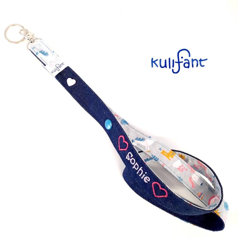Denim Schlüsselband Mit Name Namen /Bunt Einhorn Unicorn Rainbow Regenbogen Personalisiert Unterschiedliche Verschlußmöglichkeiten/Bluedenim von kulifant