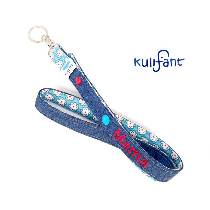 Mama Ist Die Beste Denim Schlüsselband Bestickt Mit Mama Muttertag Blumen Frühlingsfrisch Bunt Druckknopf von kulifant