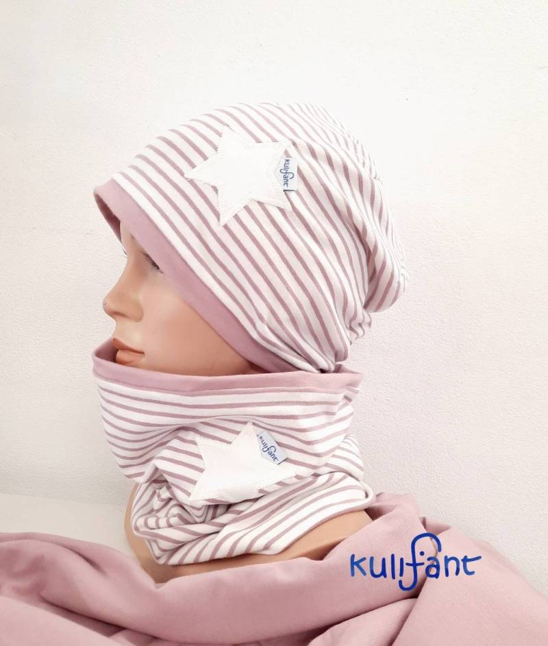 Kinderbeanie Mütze + Loop Schal Jerseymütze Altrosa Rosa Cremeweiß Mützenset Alle Größe 52-55cm Mit Stern Applikation Schlauchschal Set von kulifant