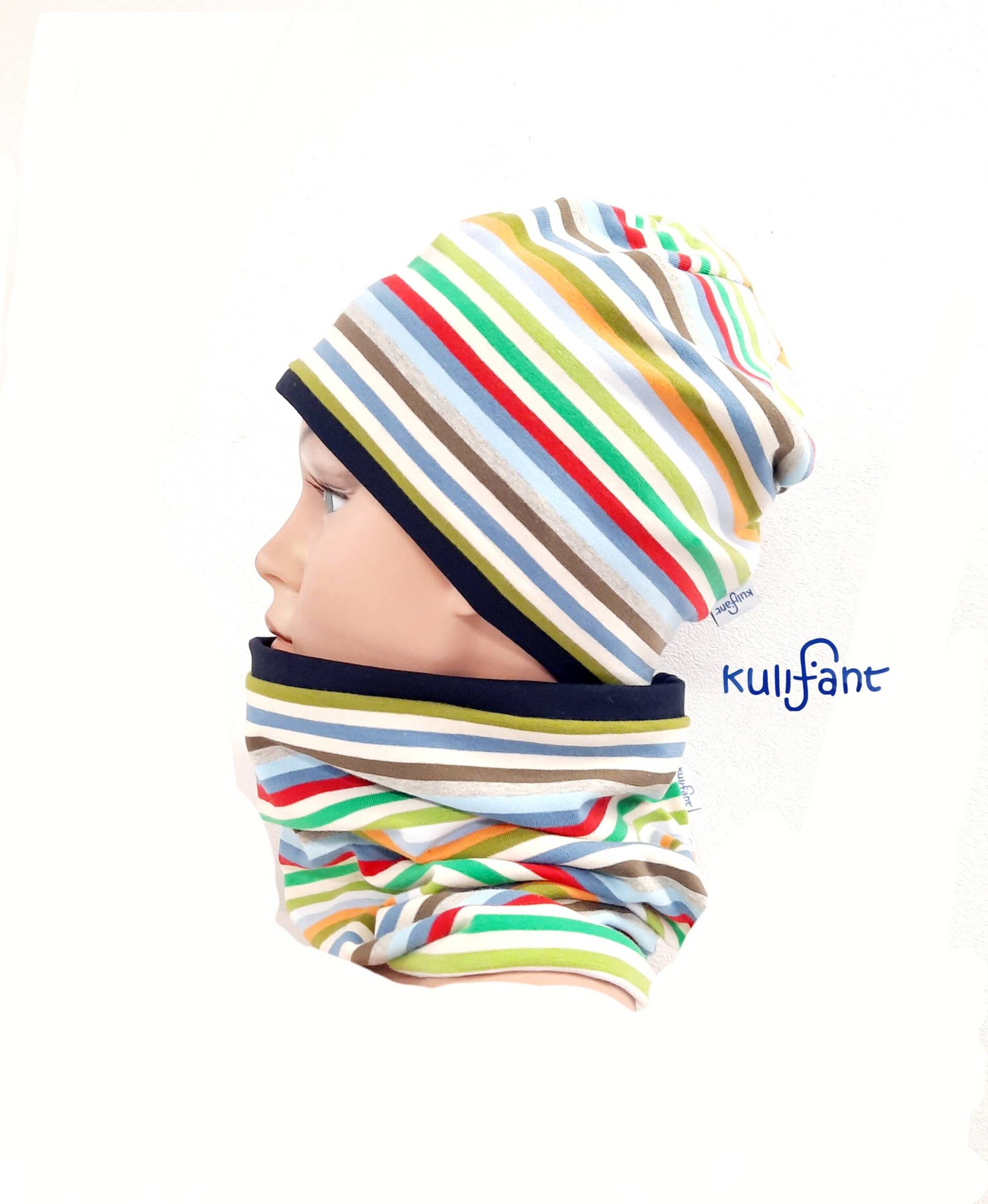 Set Kindermütze Beanie Mütze Und Loop Schal Jerseymütze Bunte Streifen Herbstfarben Bunt Salbei Trendfarben Baumwolljersey Ökotex Set Kindermütze Beanie Mütze Und Loop Schal Jerseymütze Bunte Streifen Herbstfarben Bunt Salbei Trendfarben Baumwolljersey Ökotex von kulifant