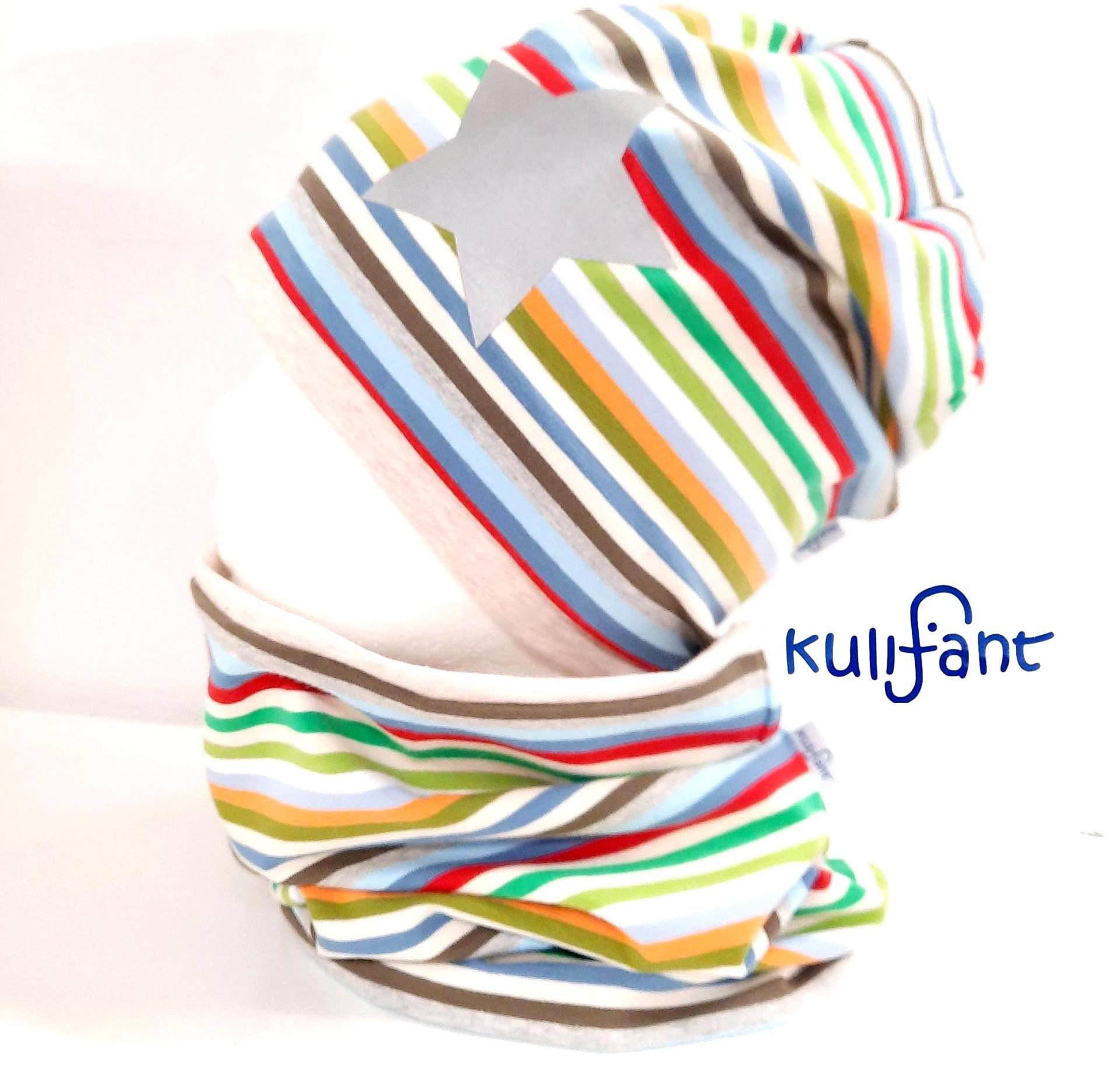 Set Kindermütze Beanie Mütze Und Loop Schal Jerseymütze Mit Reflektorstern Bunte Streifen Regenbogen Trendfarben Baumwolljersey Ökotex Set Kindermütze Beanie Mütze Und Loop Schal Jerseymütze Mit Reflektorstern Bunte Streifen Regenbogen Trendfarben Baumwolljersey Ökotex von kulifant