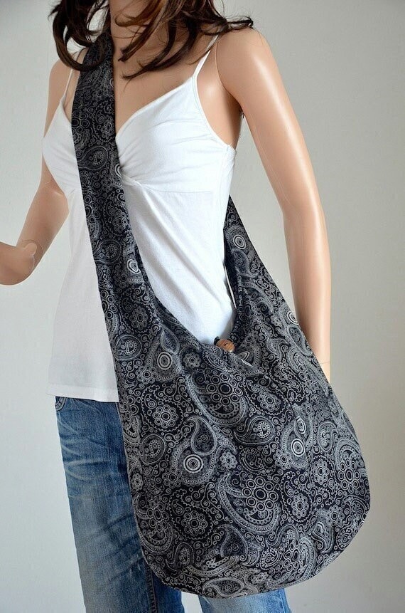 Schwarz Paisley Baumwolltasche Handtaschen Hippie Tasche Hobo Bag Boho Schultertasche Sling Messenger Henkeltasche Crossbody Geldbörse Damen von kultida