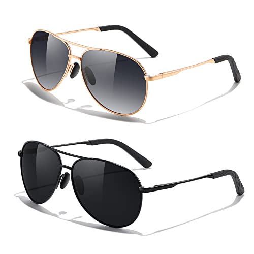 kunchu 2 Stück Fliegerbrille Sonnenbrille-für-Herren-Damen-Pilotenbrille-Retro Vintage Polarisiert Sunglasses Set Schwarz Piloten Brille mit UV400 Schutz Fahrerbrille Verspiegelt Brille für Men,8 von kunchu