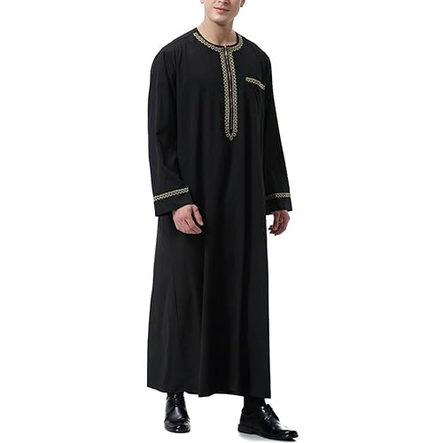 BeerMmay Herren Muslim Druck Kaftan Islamisch Royalty Dubai Robe O-Ausschnitt Lange Ärmel Retro Tuniken Abaya Lose Kandoura,Schwarz,L von BeerMmay