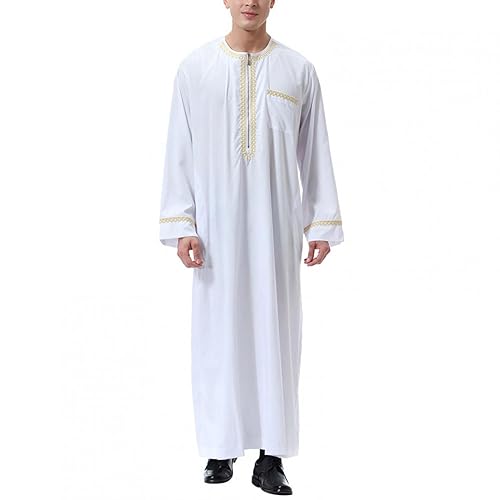 BeerMmay Herren Muslim Druck Kaftan Islamisch Royalty Dubai Robe O-Ausschnitt Lange Ärmel Retro Tuniken Abaya Lose Kandoura,Weiß,XS von BeerMmay