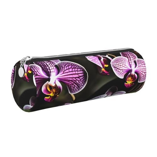 Federmäppchen aus Leder, Motiv: lila Orchideen, schlankes Federmäppchen, schöne Schreibwaren-Tasche, tragbare Kosmetiktasche, Reißverschluss, Organizer-Tasche von kurue