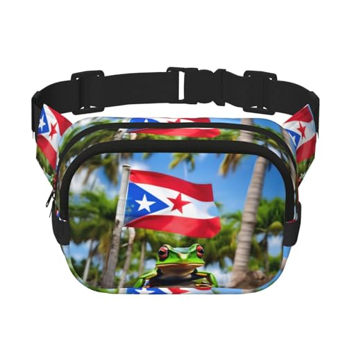 Puerto Rico-Flaggen, Frosch-Palmen-Druck, Bauchtasche, Geldbörse mit verstellbarem Riemen, quadratisch, doppellagig, Unisex, überall Puerto Rico-Flaggen, Frosch-Palmen-Druck, Bauchtasche, Geldbörse mit verstellbarem Riemen, quadratisch, doppellagig, Unisex, überall von kurue