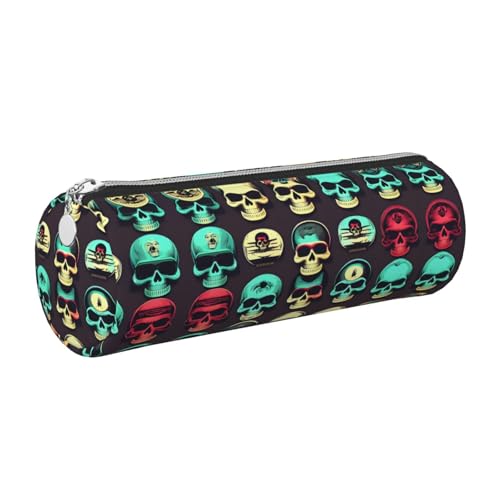 kurue Coole Retro-Stifttasche mit Totenkopf-Motiv, Leder, schlankes Federmäppchen, schöne Schreibwaren-Tasche, tragbare Kosmetiktasche, Reißverschluss-Organizer-Tasche von kurue