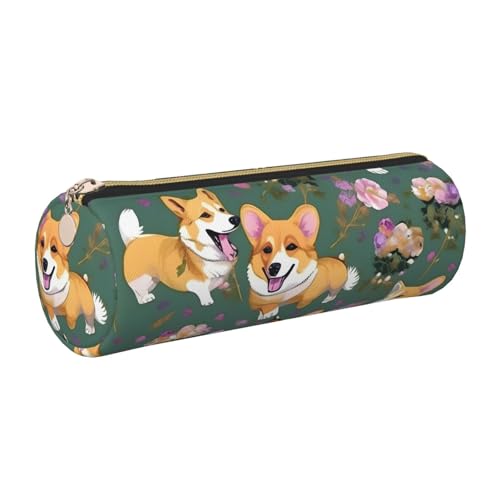 kurue Corgi Federmäppchen mit Blumenmuster, Leder, schmal, schöne Schreibwaren-Tasche, tragbare Kosmetiktasche, Reißverschluss, Organizer-Tasche von kurue
