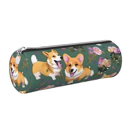 kurue Corgi Federmäppchen mit Blumenmuster, Leder, schmal, schöne Schreibwaren-Tasche, tragbare Kosmetiktasche, Reißverschluss, Organizer-Tasche von kurue